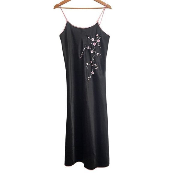 Oscar De La Renta Pink Label Satin Floral Embroidered Nightgown Black Slip Dress - Picture 1 of 8